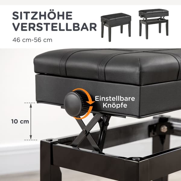 Pianobenk Høydejusterbar Pianokrakk Med Lagringsplass, Skinnpute, Svart, 63X35X46-56 Cm