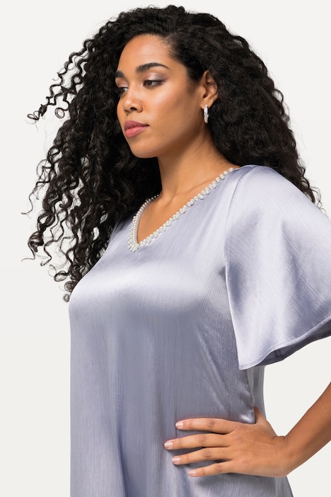 Kleid, Zierperlen, V-Ausschnitt, Halbarm