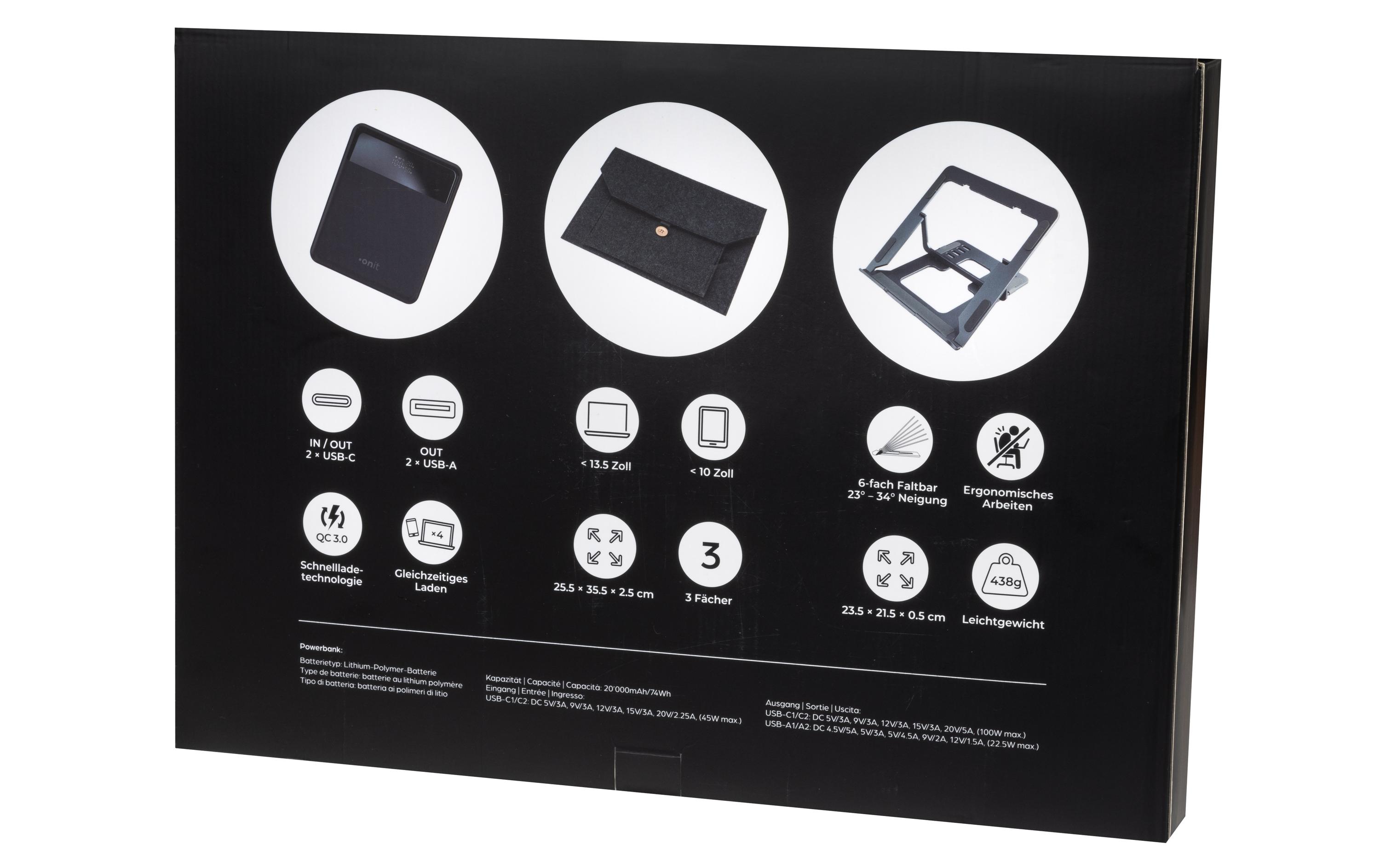 Powerbank Set Pro Slim 20000 mAh PDSet mit leistungsstarker Powerbank, Notebook-Ständer und Filz-Sleeve