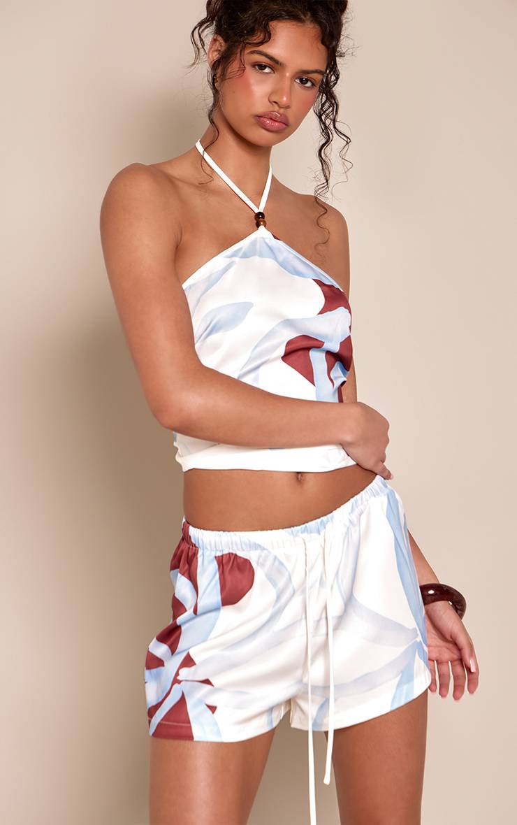 Bleu Short Satiné À Imprimé Floral Multi-placement Coordonné