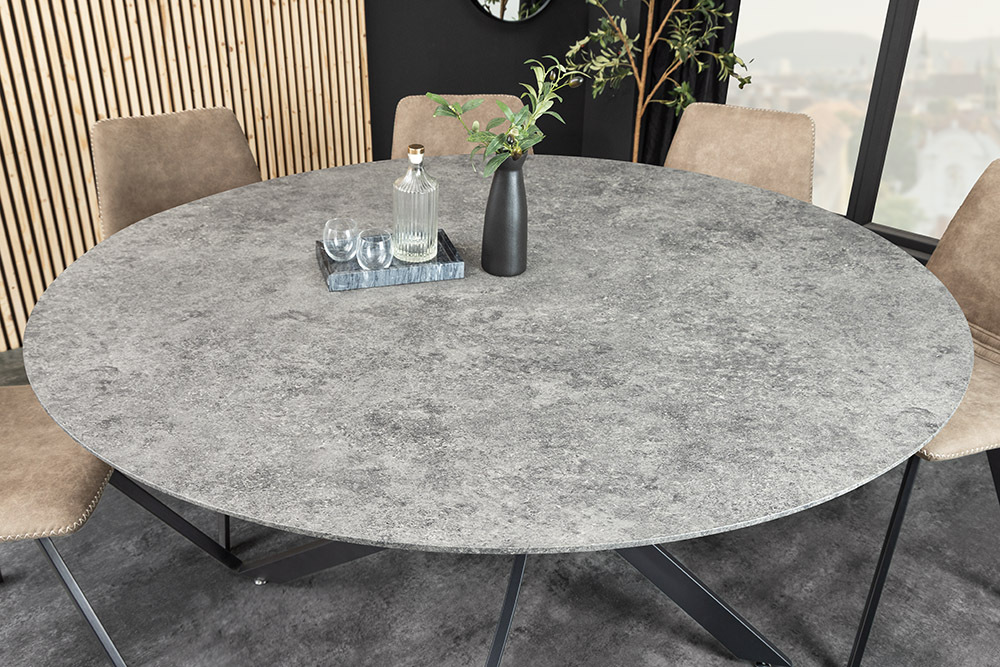 Runder Esstisch HELIX 120cm grau Beton-Design schwarze Metallbeine Sterngestell
