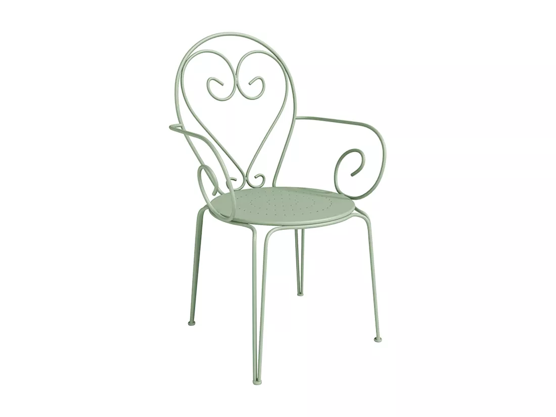 Salle à manger de jardin en métal façon fer forgé : une table D.120cm et 4 fauteuils empilables - Vert amande - GUERMANTES de MYLIA