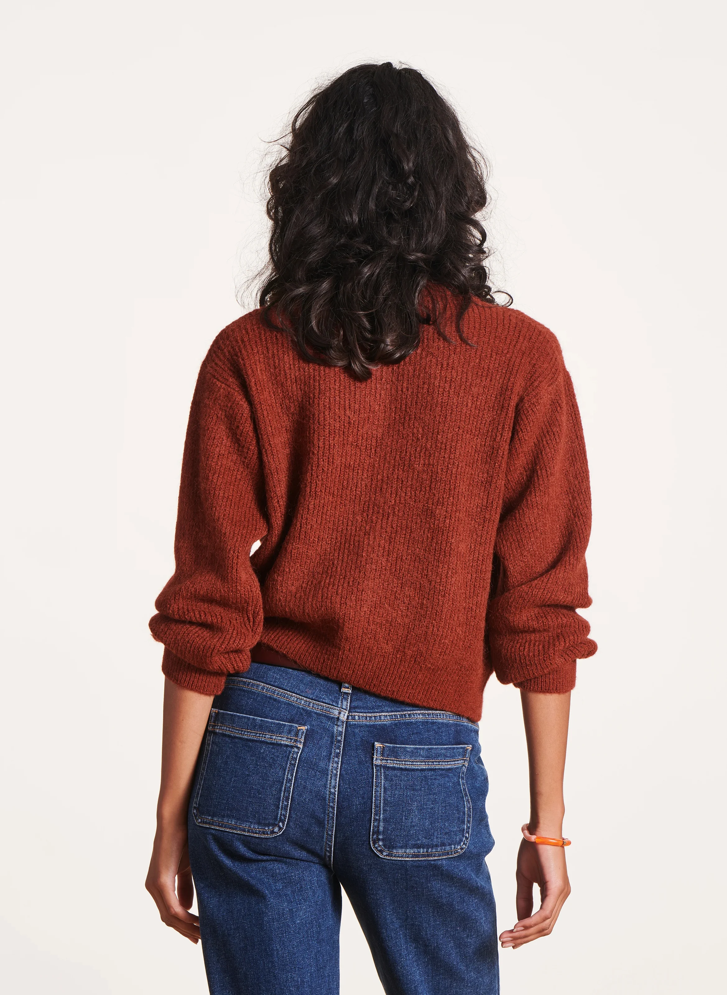 Gilet droit col rond en maille mélangée | Orange