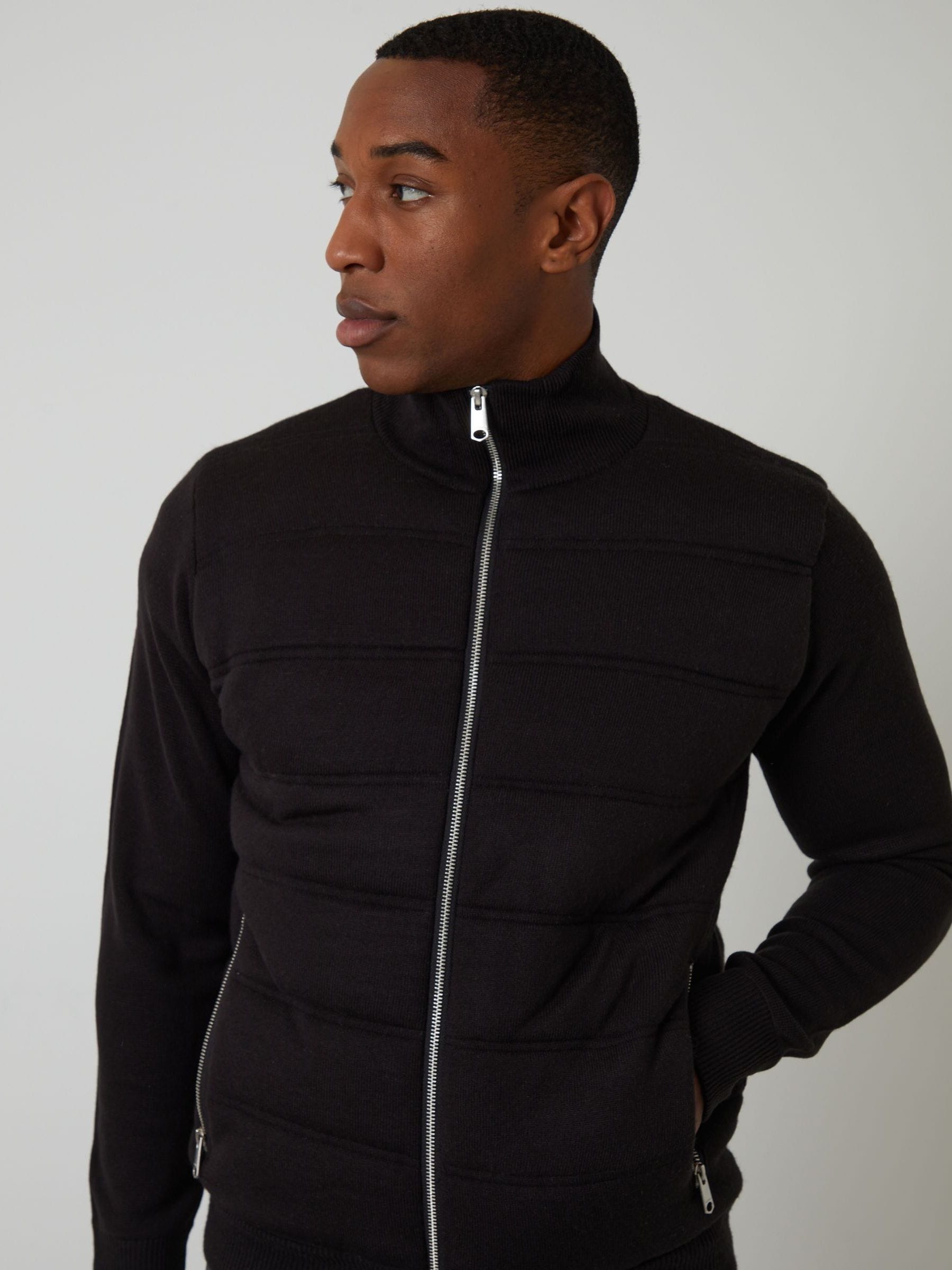 Zwart - Threadbare Quilted Zip-Up Knitted Jacket