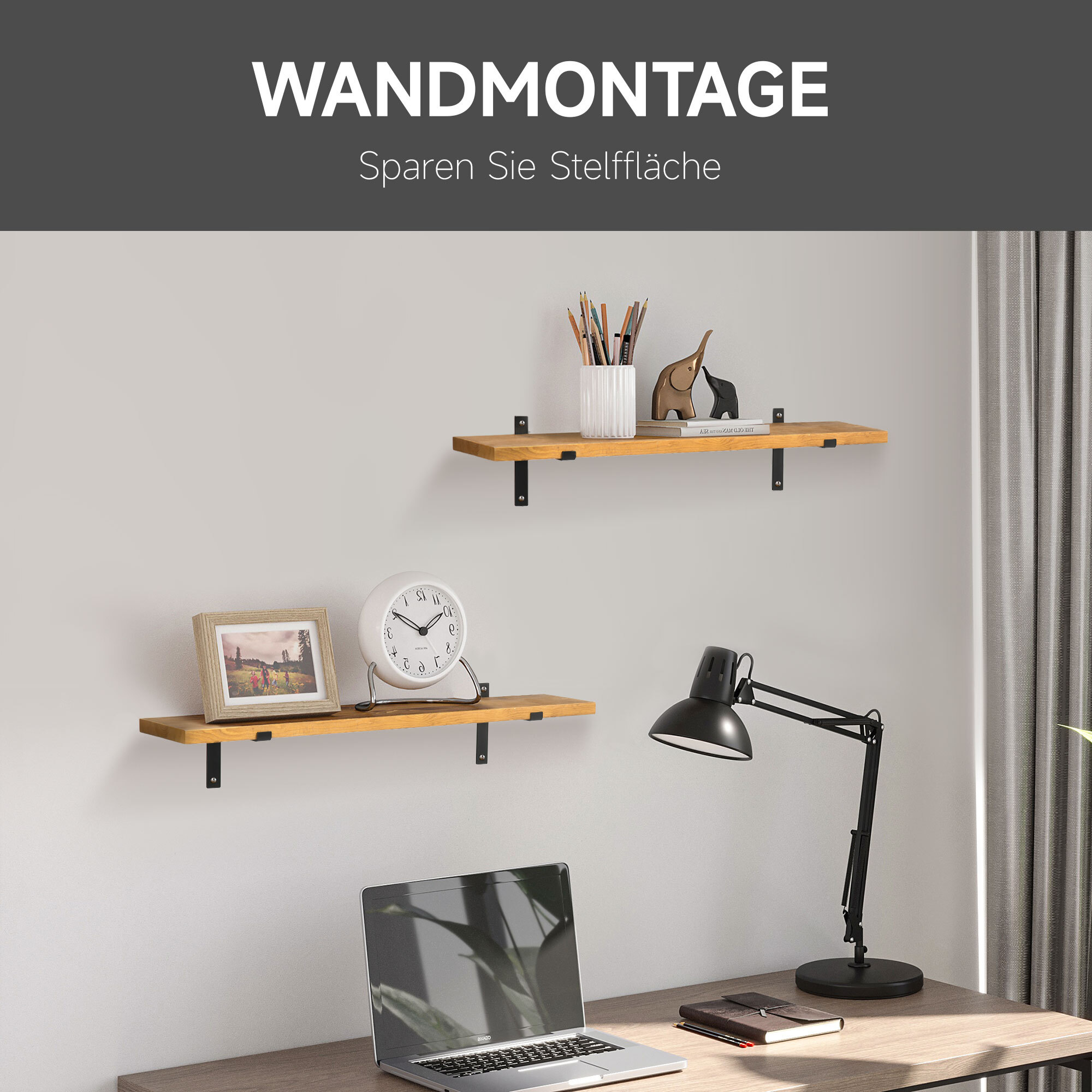 HOMCOM Wandregal mit Holzrahmen braun 90L x 15B x 2,5H cm