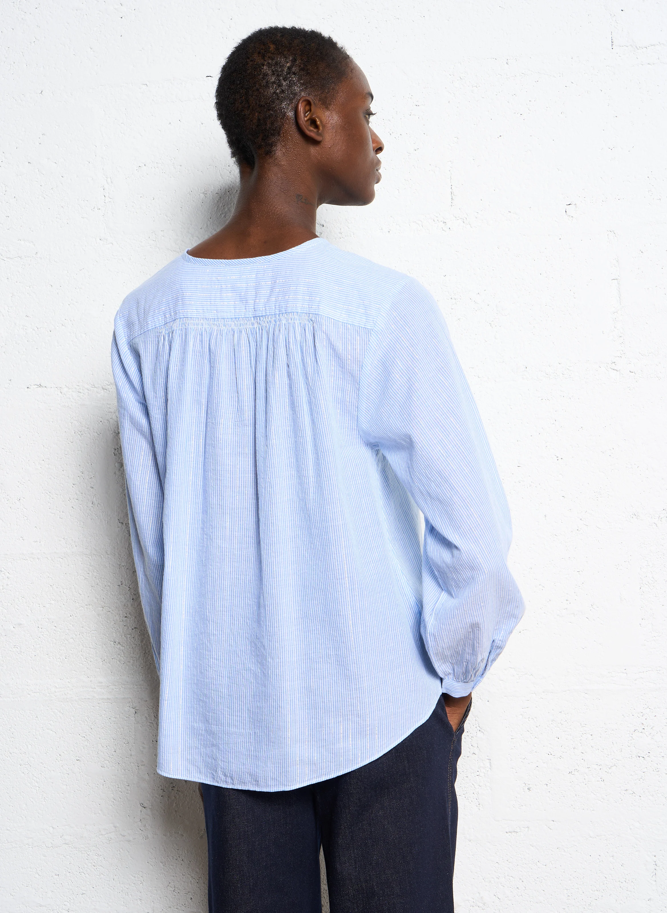 CHARLINIE - Blouse col rond rayée en coton mélangé | Bleu