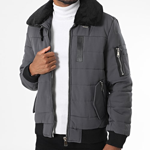 Doudoune Col Fourrure Gris Anthracite