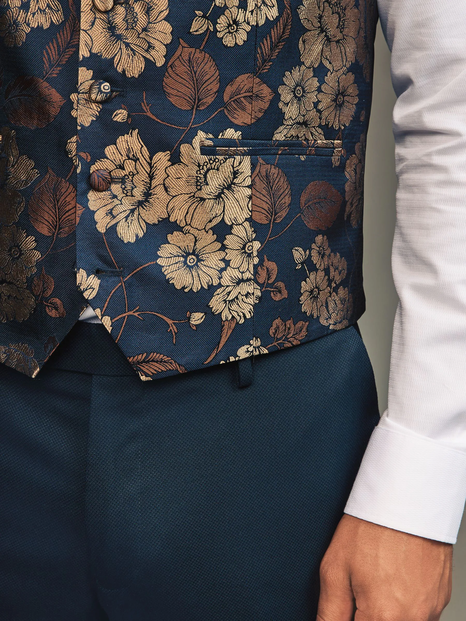 Marineblauw/goud gebloemd - Regular fit gilet voor speciale gelegenheden