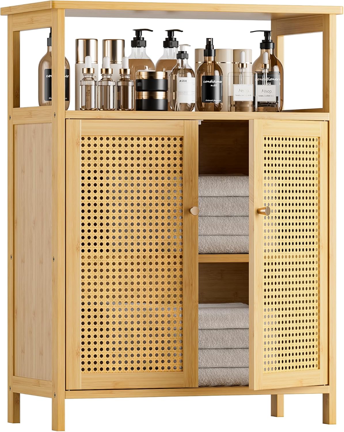 HITNET Rattan Badezimmerschrank, Bambus Badschrank mit Doppeltür, Freistehender Bodenaufbewahrungsschrank Seitenorganizer für Bad, Küche, Wohnzimmer, Natur