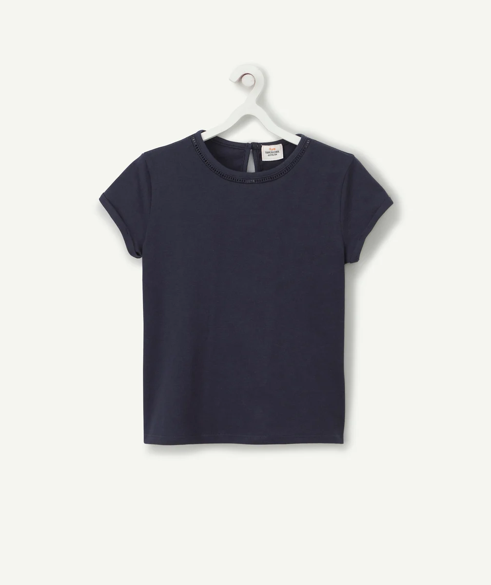 T-SHIRT BLEU FILLE EN COTON BIO AVEC DÉTAILS AJOURÉS