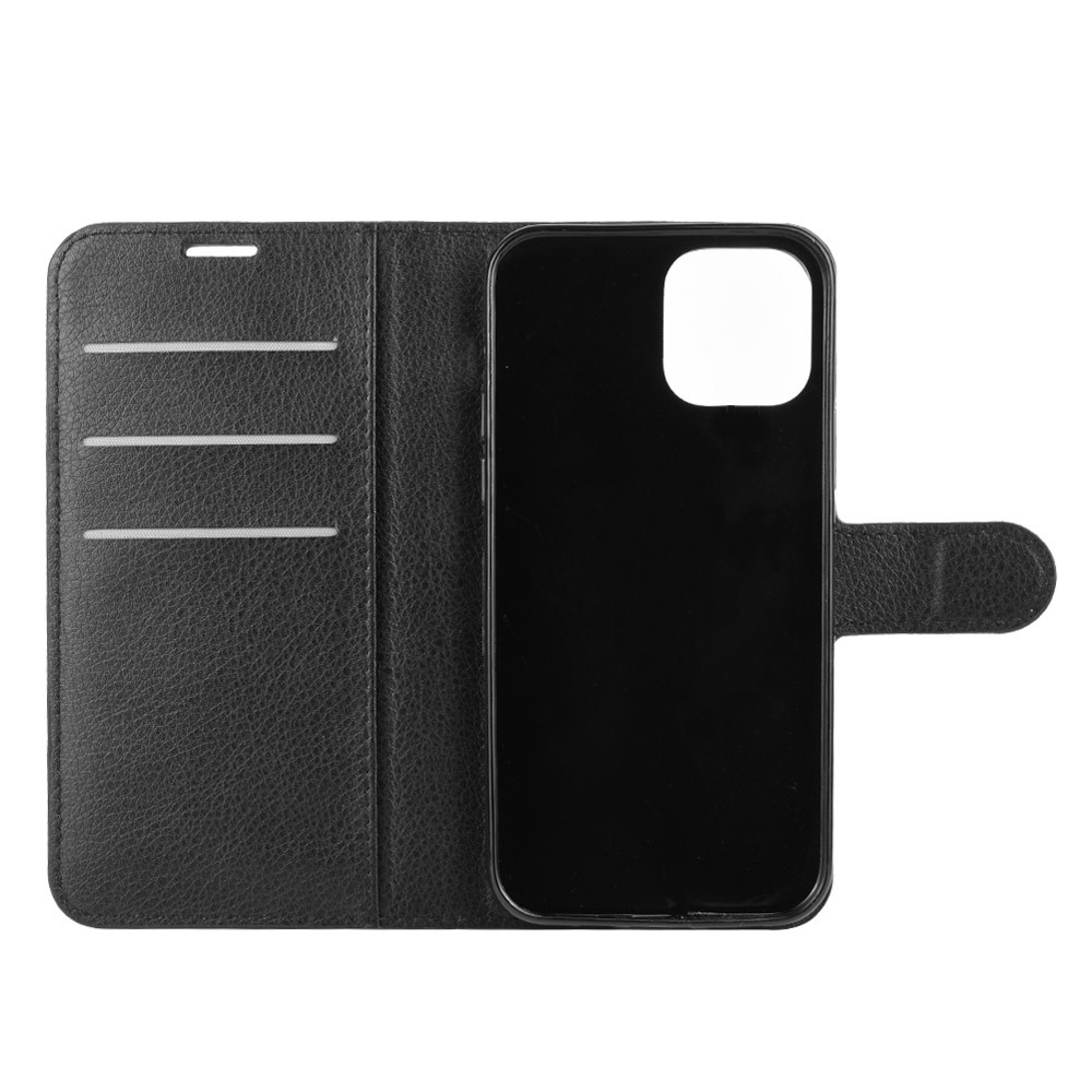 iPhone 12 / iPhone 12 Pro Leder Tasche Flip Cover Litchi Look - Schwarz