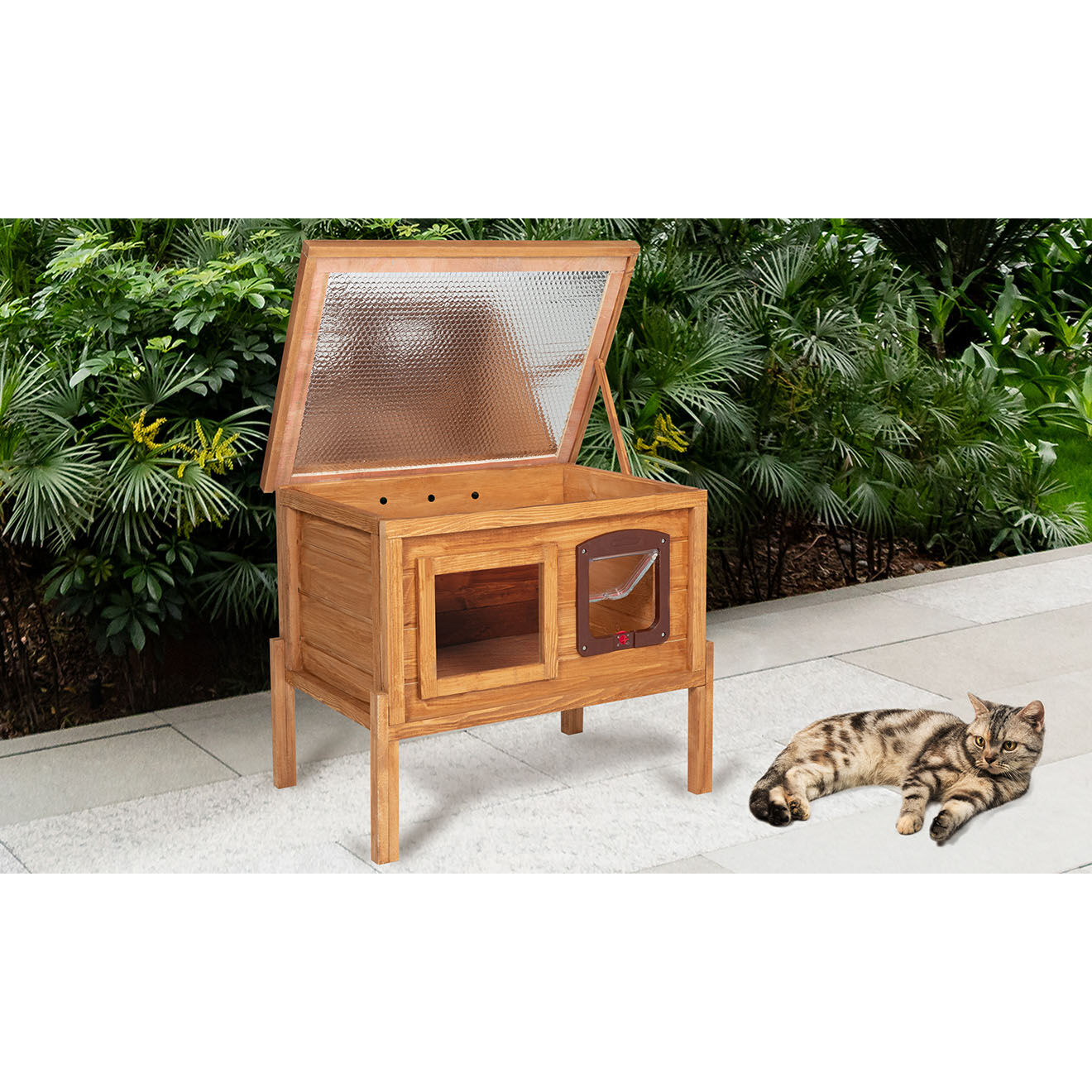 Pratik Garden Niche Autochauffante en Bois pour Chat naturel/vert