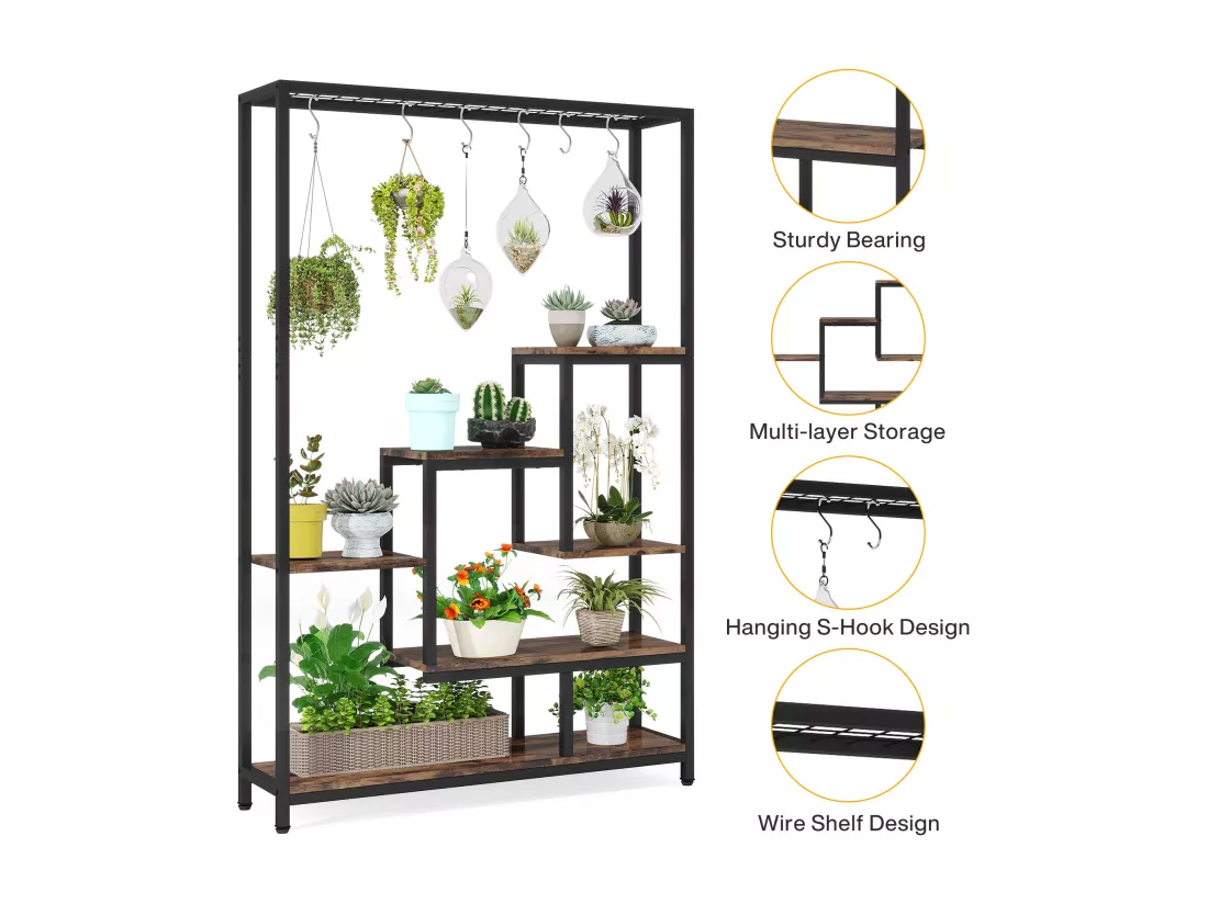 Tribesigns Support pour plantes d'intérieur à 5 niveaux - Grande étagère en métal de 180,1 cm avec 10 crochets de suspension en S - Multifonction - Pour intérieur, jardin, balcon, salon (Maron et Noir)
