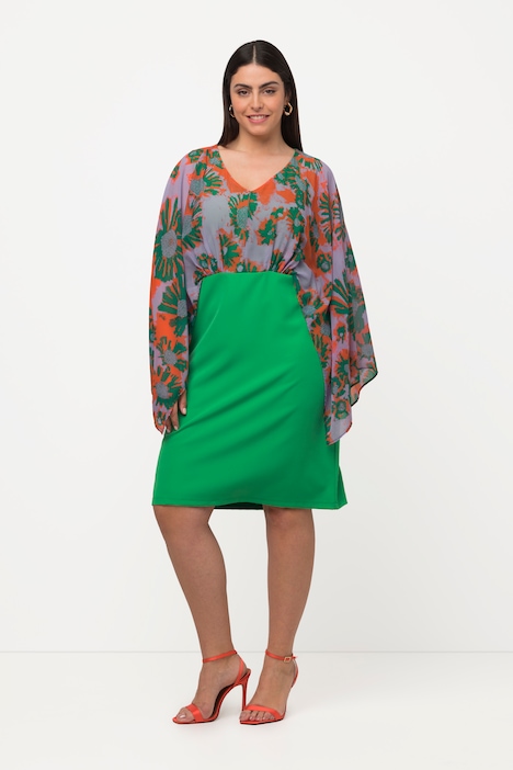 Midikleid, Chiffon-Büste, Blätter, V-Ausschnitt, Langarm