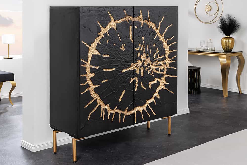 Massivholz Highboard THE CIRCLE 120cm schwarz gold Mango Metall Retro