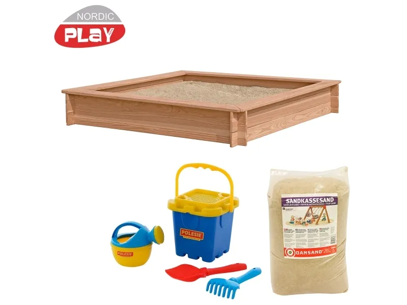 NORDIC PLAY Sandkasse lærk 150 x 150 cm inkl. 240 kg sand og blå spand (805-746)