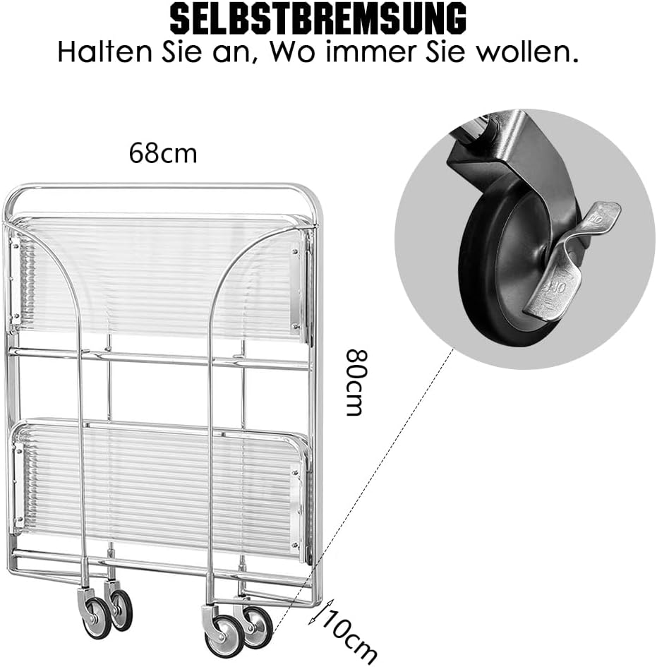 Servierwagen mit Rollen, Servierwagen Klappbar, Dinett 2 Tier Ablagekorb aus Temperglas with Wheels, für Küche, Barwagen, Rollwagen Metall, Teewagen, Weinwagen, moderner Getränkewagen