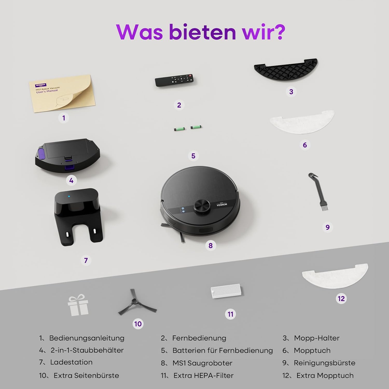MONSGA Saugroboter mit Wischfunktion,5000Pa Saugkraft,180Min Laufzeit,Anti-Tangle-System,LiDAR Navigation, Staubsauger Roboter für Teppich, Tierhaare, APP & Fernbedienung Steuerung (Schwarz)