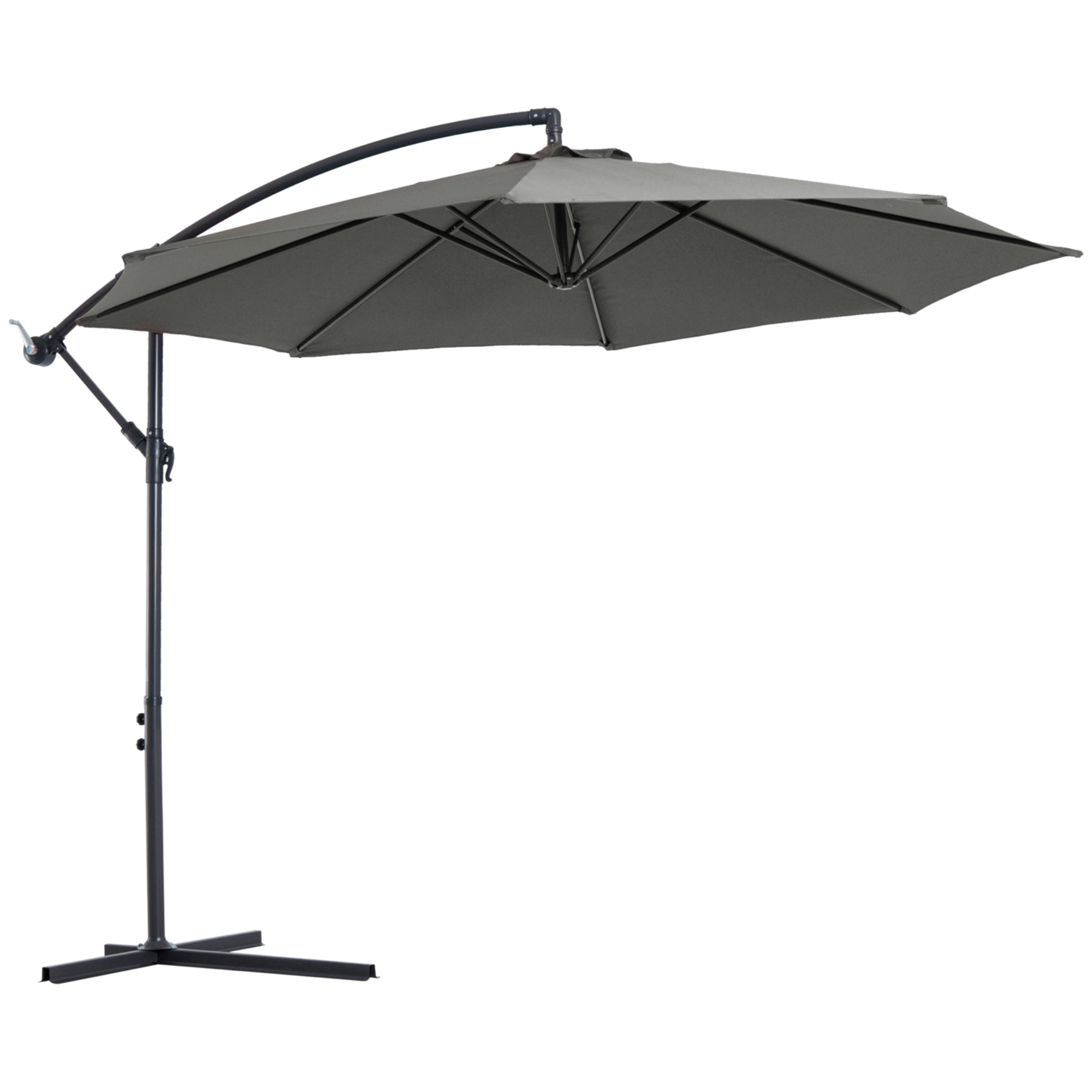 Guarda-sol de jardim Outsunny Ø300x250 cm, inclinável, com manivela, base em cruz e suporte de aço, proteção solar para terraços externos, cinza.