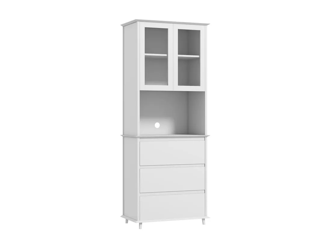 Buffet haut de cuisine 2 portes vitrées étagère niche 3 tiroirs dim. 68L x 38l x 172H cm MDF blanc