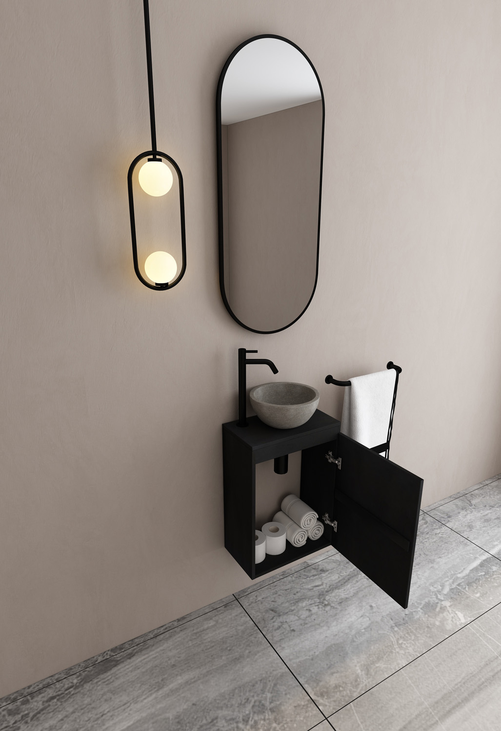 MD Interior Eden toiletmeubel zwart mangohout met grijze waskom rechts