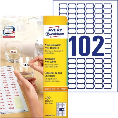 Avery Zweckform L3410REV-25 Preis-Etiketten,A4 26 x 16 mm, 25 Bogen/2.550 Etiketten, weiß