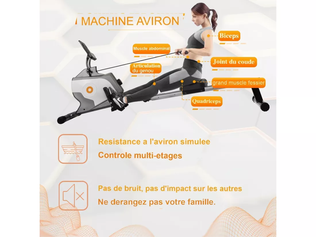 Rameur à résistance magnétique avec écran LCD, 8 niveaux de résistance, silencieux et lisse, max 120kg, 190x51x85cm