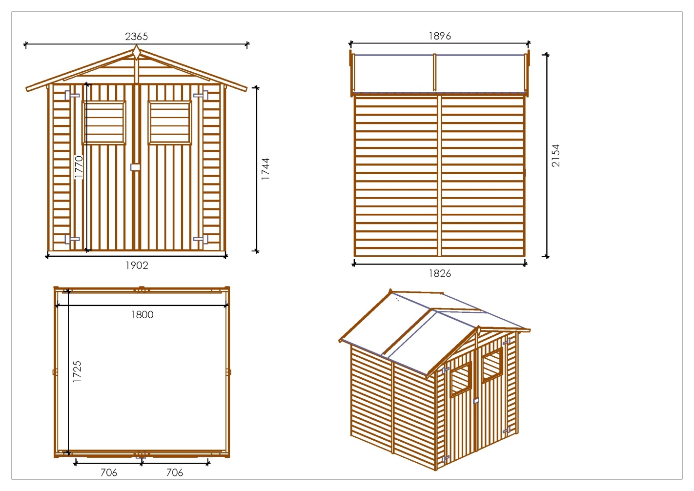 Abri de jardin en bois 3,46 m2 - 1,90x1,82 m - traité - couleur: vert