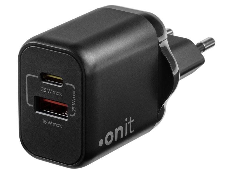 onit USB-Wandladegerät Dual 1C1A 25 W GaN Schwarz Ladeadapter mit einem USB-C- und einem USB-A-Port