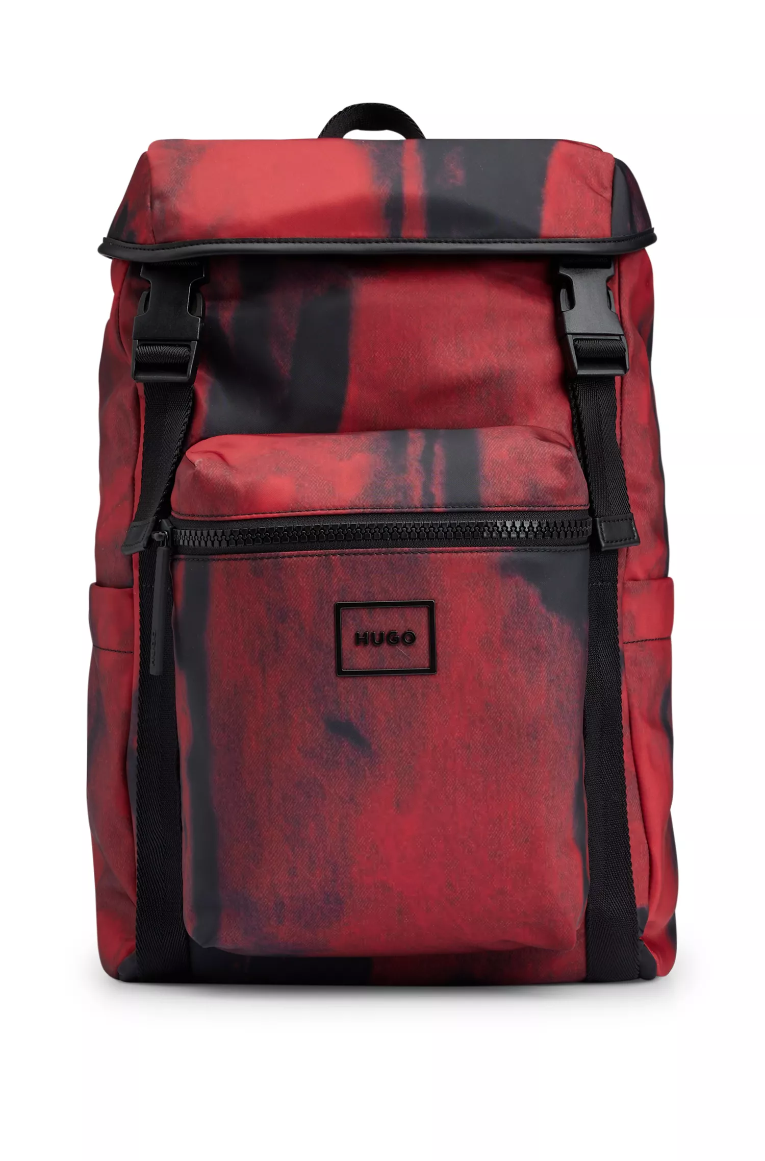Mochila HUGO vermelha em material reciclado com estampa sazonal.