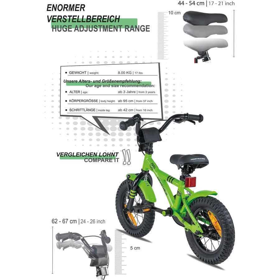 PROMETHEUS BICYCLES® GREEN HAWK Kinderfahrrad 12 , Grün & Schwarz ab 3 Jahre  mit Stützräder
