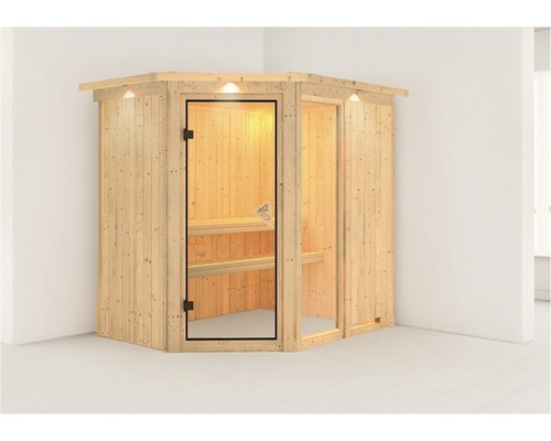 Elementsauna Karibu Siona 1 zonder oven, met dakkroon en gebronsde volledig glazen deur