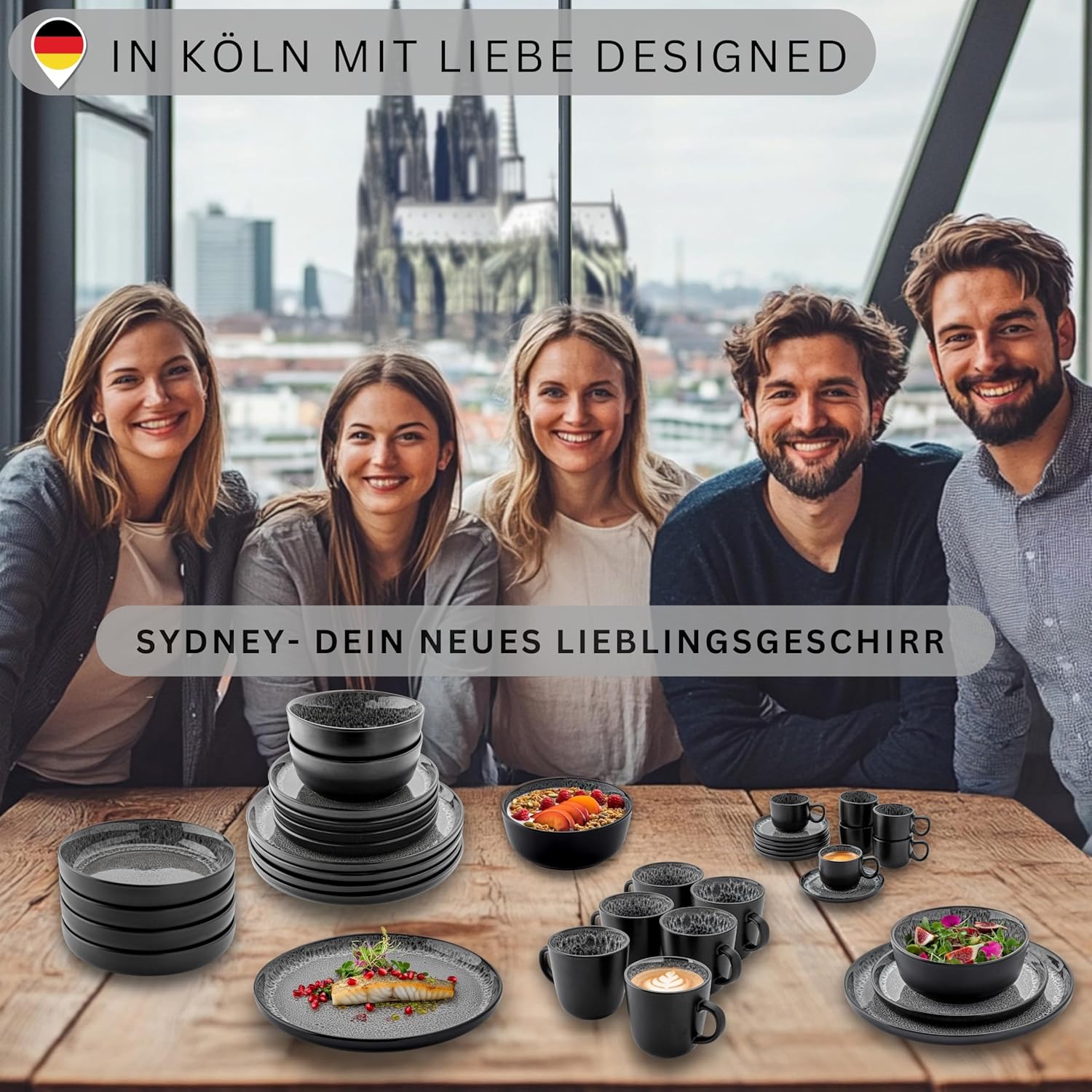 SÄNGER Sydney | Kombiservice 6 Personen, Teller Set Kaffeebecher Pastaschale 30 tlg, Steingut Geschirr Set spülmaschinen- mikrowellen- kratzfest, Geschirrset aus Steingut dunkel grau| VALUE COLLECTION