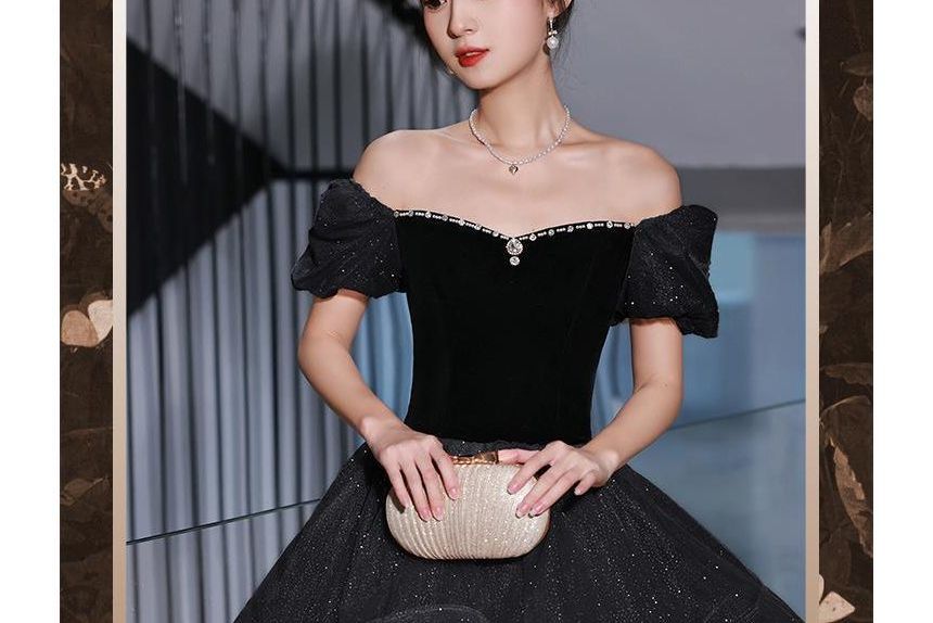 Saunderold - A-lijn avondjurk van fluweel met korte mouwen, off-shoulder, glittersteentjes en volant