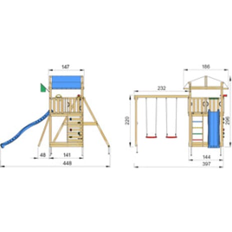 Jungle Gym Fort 2.1 legetårn inkl. Swing Module og blå rutsjebane