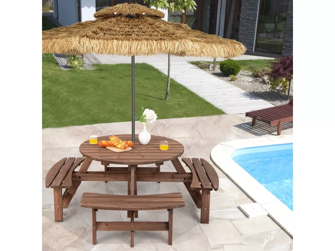 Ensemble Table de Pique-Nique en Bois avec Trou de Parasol, Set Table et Banc Jardin Résistant aux Intempéries Chaque Banc Charge 225 KG pour 8 Personnes, pour Patio Pelouse