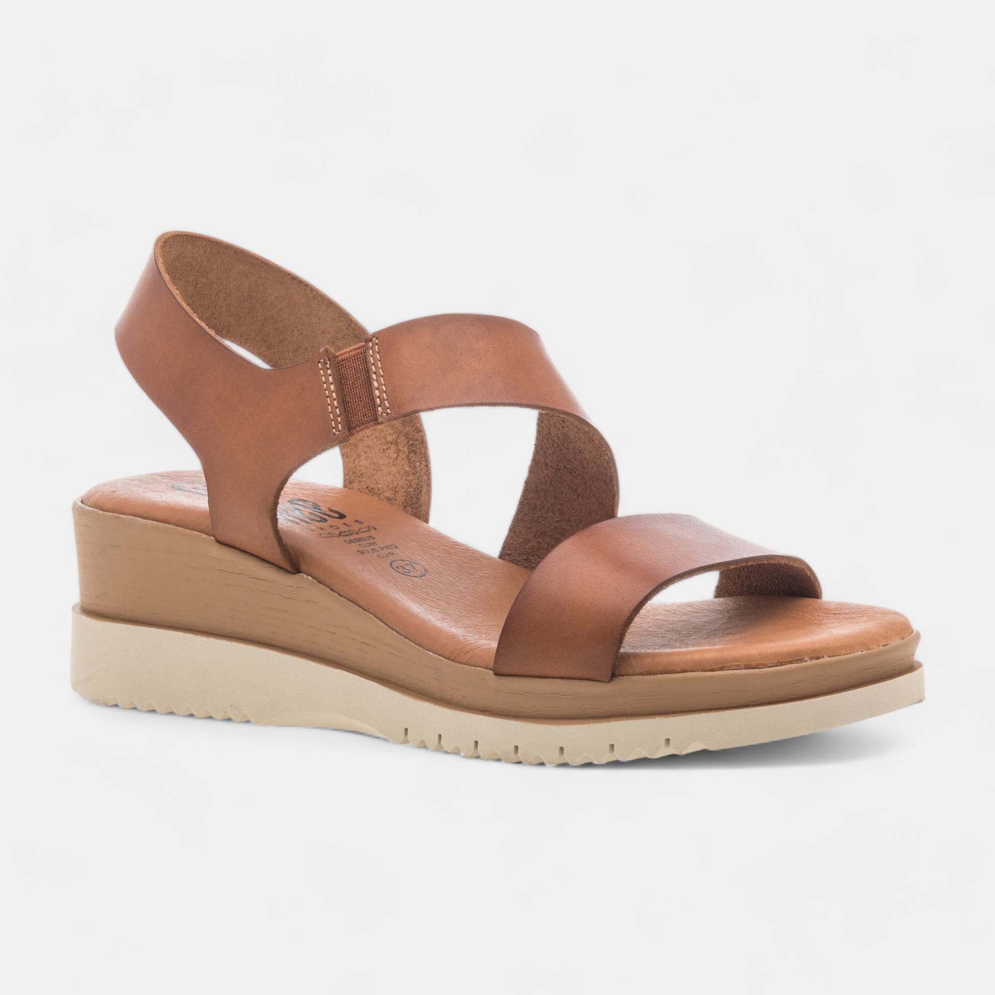 Sandales à talon compensé Femme en cuir cognac