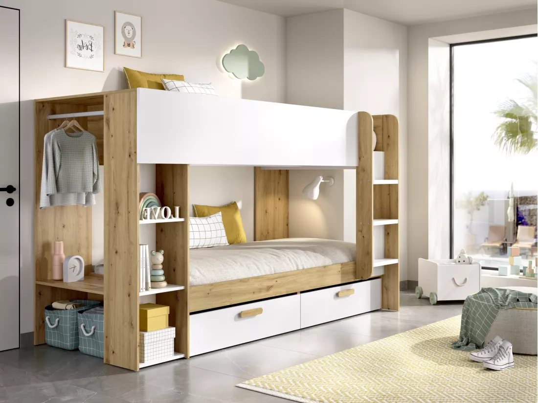 Lits superposés 2 x 90 x 200 cm avec rangements et penderie - Blanc et naturel - OZANA