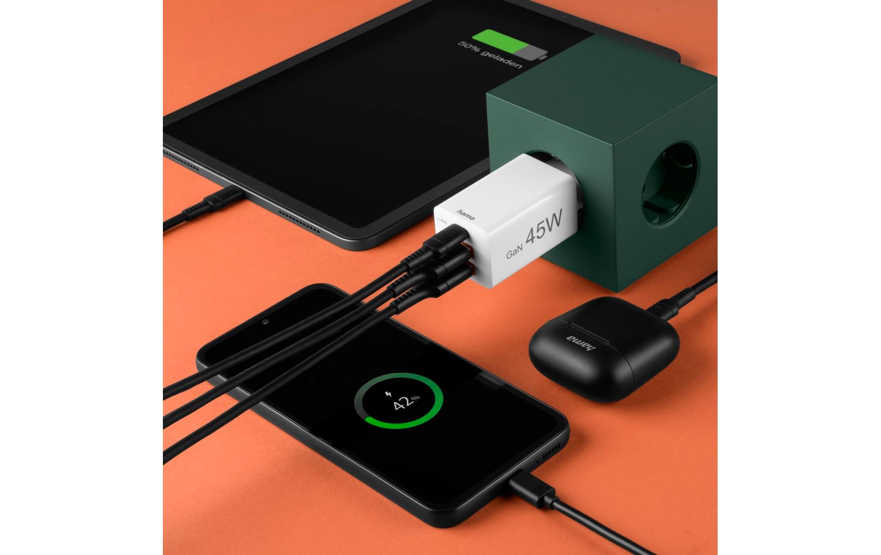 USB-Wandladegerät Gan charger 2x USB-A USB-C 45 W WeissSchnellladegerät mit 1x USB-C und 2x USB-A