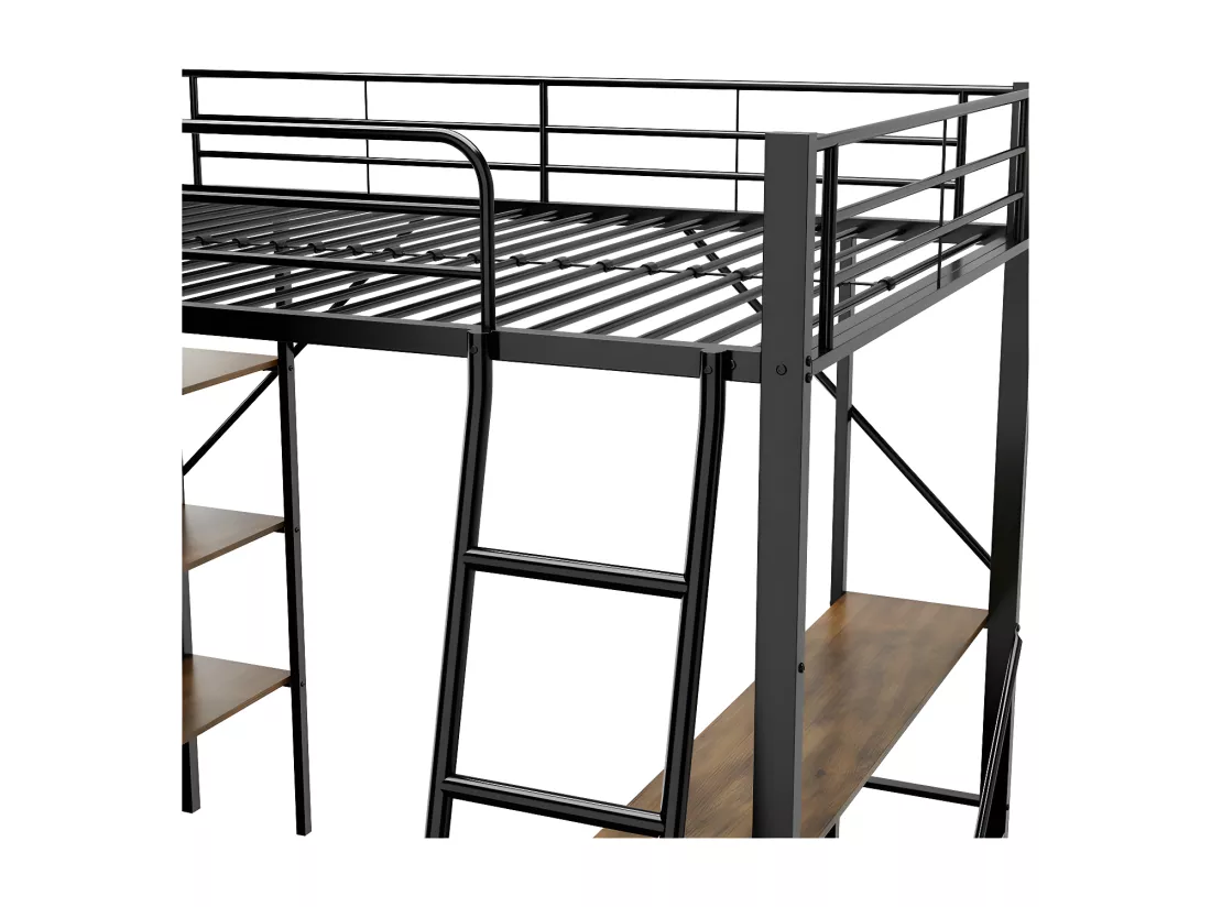 Lit mezzanine en fer - 90x200cm - avec bureau et 3 étagères - Noir