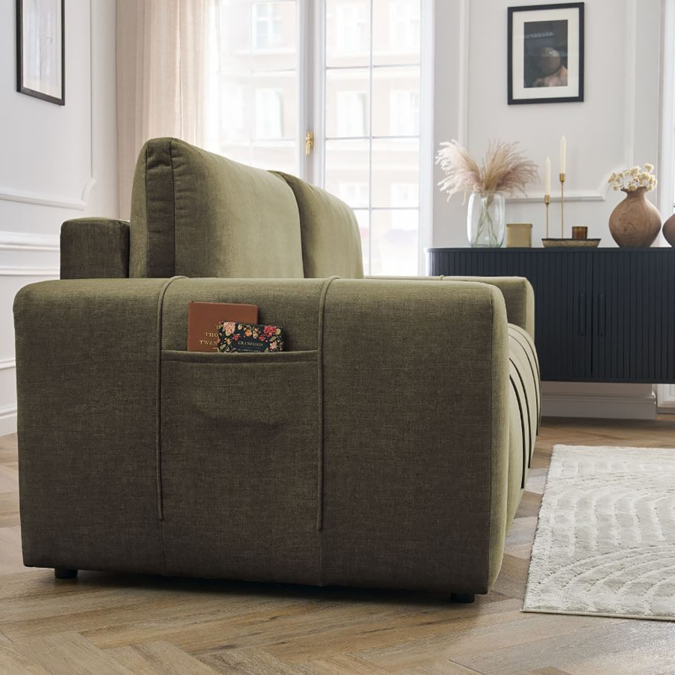 Bobochic Canapé droit convertible en Velours 3 places Arsène avec coffre vert - 248x105x90 cm