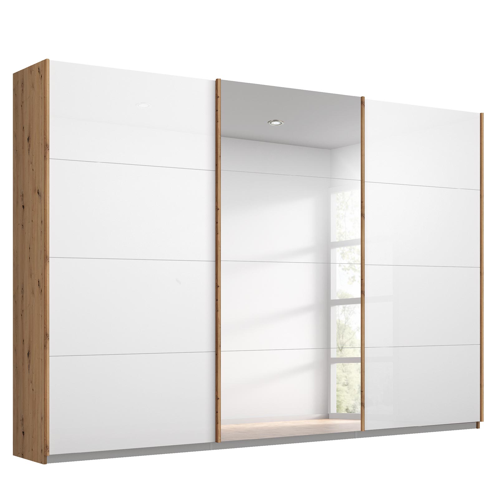 Schwebetürenschrank - weiß Hochglanz - Eiche Artisan - mit Spiegel - 271x210 cm
