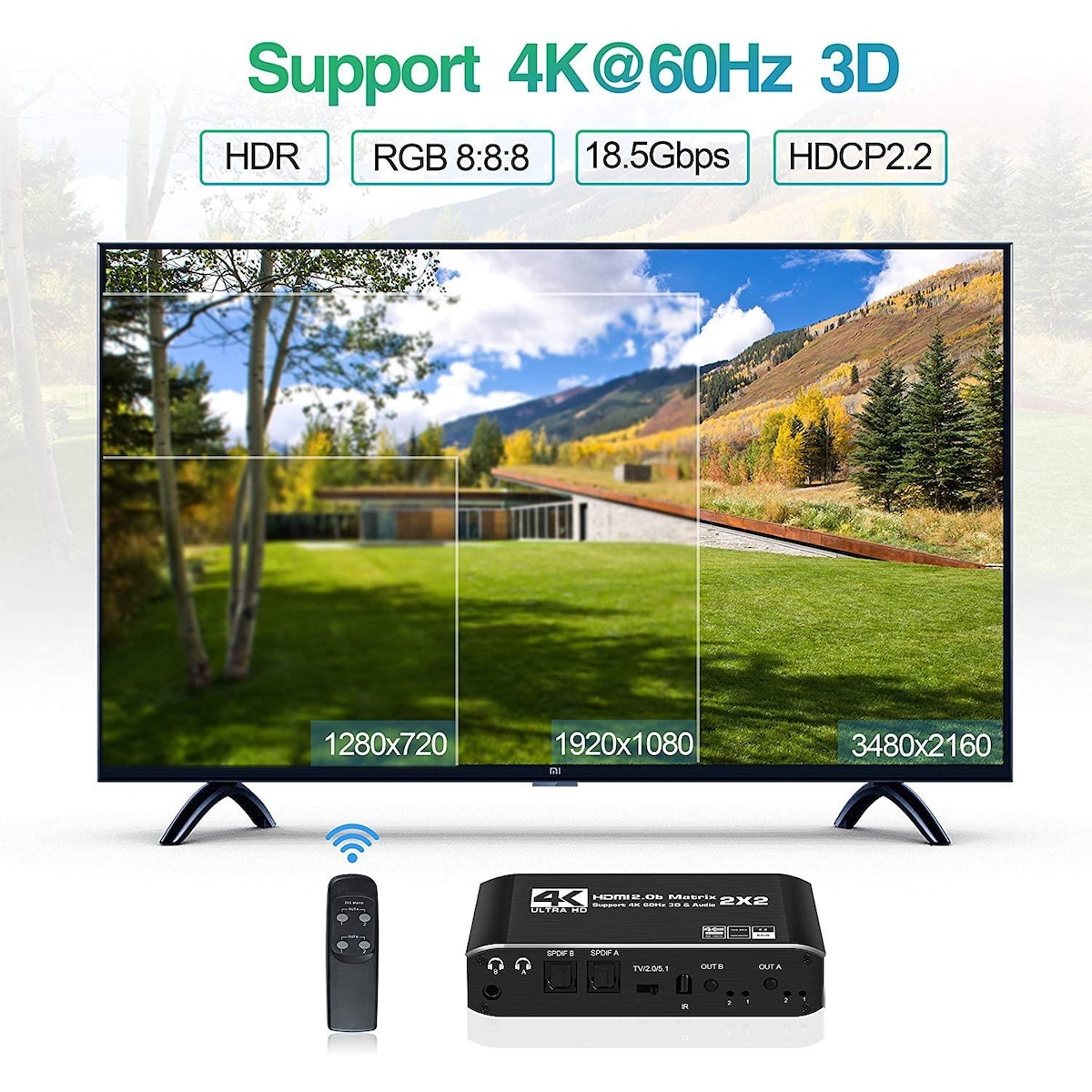 NÖRDIC HDMI Matrix switch 2X2 med avtrekker 4K60Hz RGB 8: 8: 8 18Gbps 3D HDR HDCP2.2