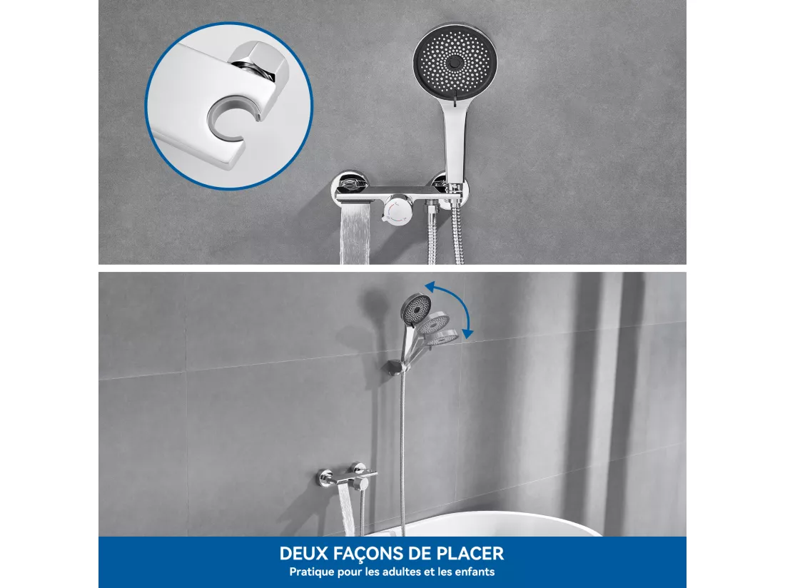 Robinet Baignoire Cascade Auralum MAX,Chromé,avec Douchette 5 Fonction,Mitigeur en Laiton+Porte Serviette Salle Bain Adhésif/Perçage,Brossé