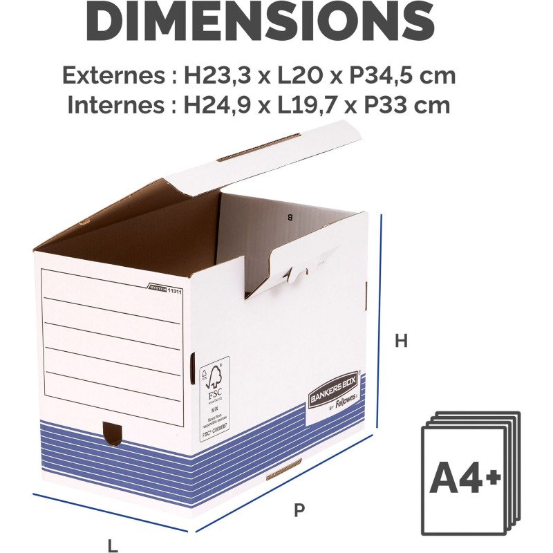 Boîte archives carton automatique Bankers Box by Fellowes - Dos 20 cm - Bleue