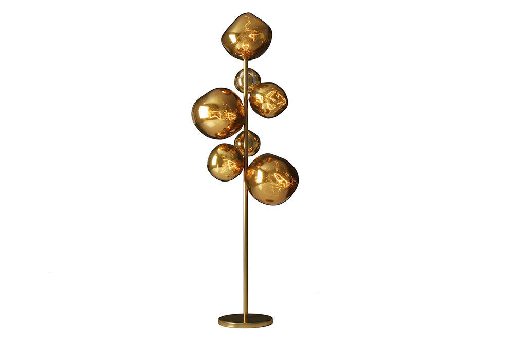 Design Stehlampe LIQUID DIAMOND 170cm gold Glas Stahl sieben Schirme Kugelleuchte