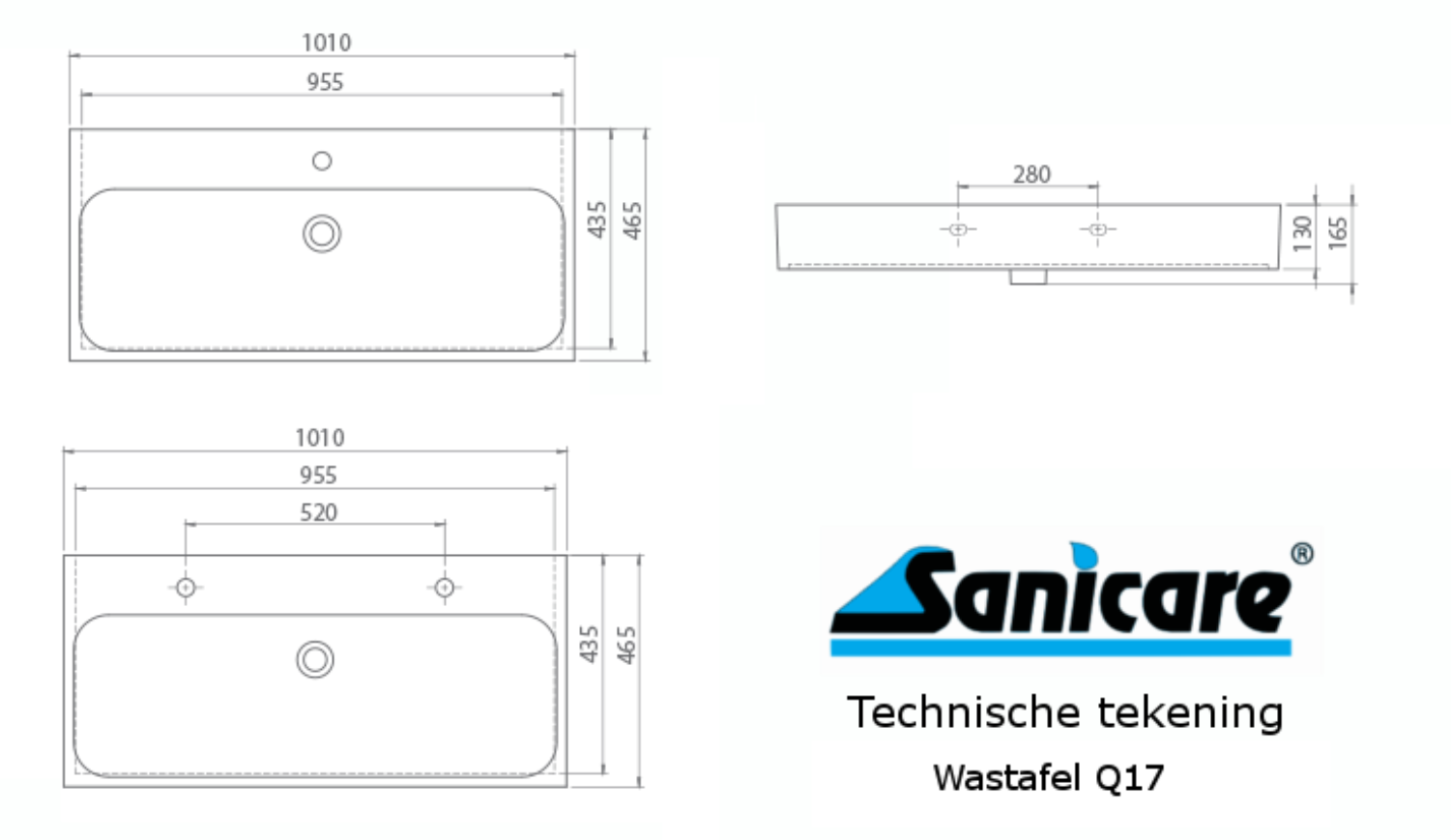 Sanicare Q17 keramische wastafel 101x46.5cm met 1 kraangat wit