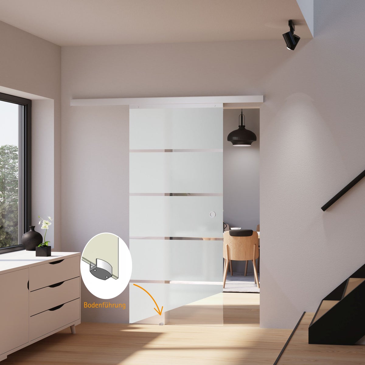 Schuifdeur van glas met blokstrepen, 880x2035 mm, voor binnengebruik - glazen schuifdeursysteem met verzonken handgreep en softclose-mechanisme aan beide zijden