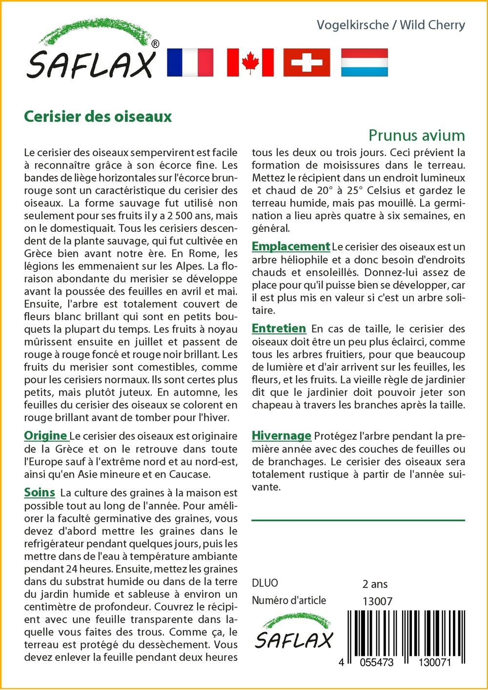 Cerisier des oiseaux - 10 graines - prunus avium