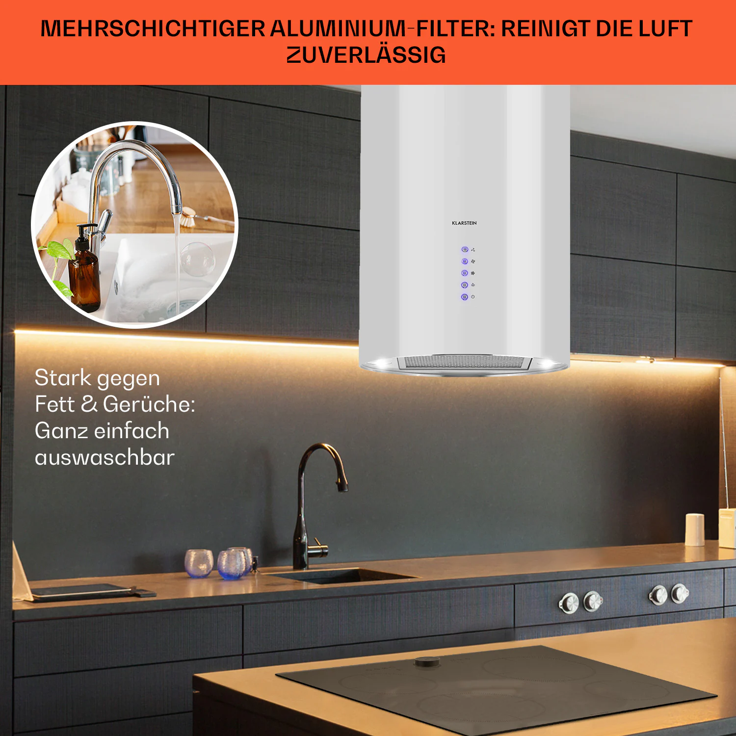 Beretta Inselabzugshaube Ø35cm Ab-/Umluft 650m³/h LED Edelstahl Weiß